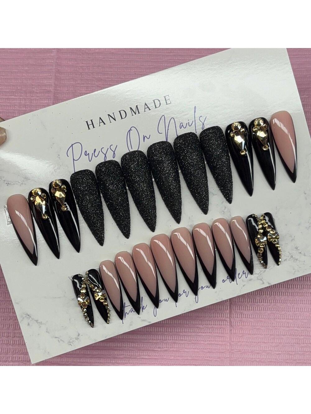 Extra long stiletto press on nails black deep v French tip rhinestones glitter